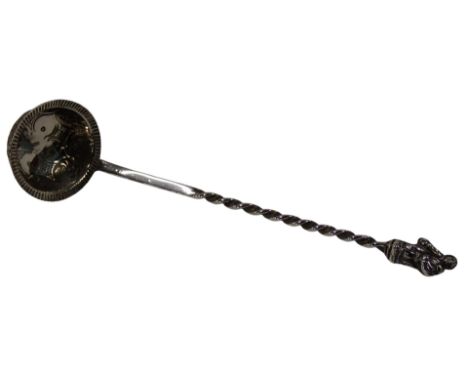 A Victorian silver ladle, with apostle top on twisted stem, and a hammered bowl, Mackay &amp; Chisholm, Edinburgh 1859, 0.70o