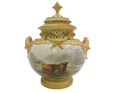 A Royal Worcester porcelain potpourri vase and cover, decorated with Highland cattle within a river landscape, signed John St