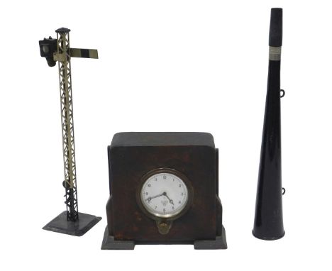 A Smith's vintage car clock, mounted in oak art deco style case, a Bavarian tin plate railway signal, and a British Rail Acme