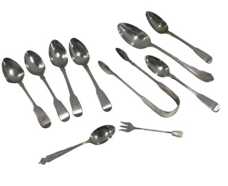 A quantity of silver, various dates, to include sugar tongs, teaspoons, etc., weighable silver 7.49oz, and a small silver for