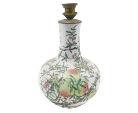A modern Chinese porcelain bottle shaped vase, decorated with peaches, square printed marks to underside, converted to a lamp