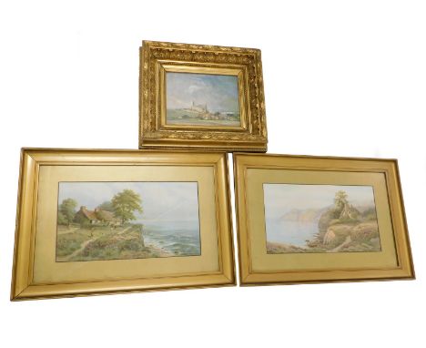 A pair of late 19thC chromolithographs, EYL?, and a print of a church. (3)