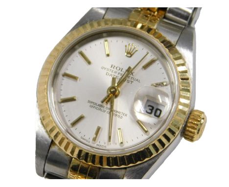 A Rolex lady's bicolour stainless steel cased wristwatch, Oyster Perpetual, Datejust, silver dial with batons, centre seconds