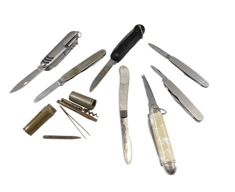 A quantity of penknives, etc., to include three with engine turned decoration, fruit knife with silver blade and mother of pe