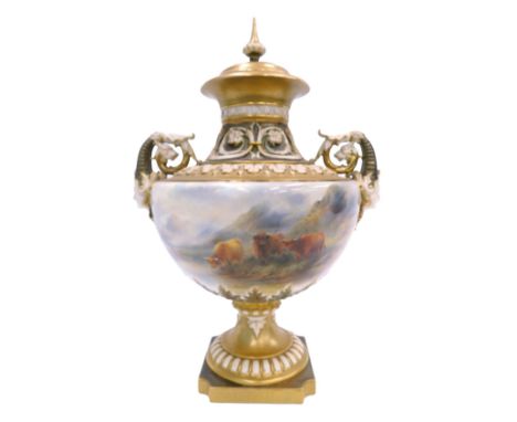 A Royal Worcester porcelain two handled vase and cover, decorated with Highland cattle within a landscape, signed J Stinton, 