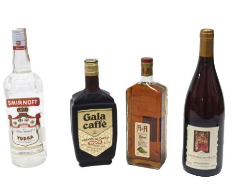 A bottle of Asbach liqueur, bottle of Liebfraumilch 2003, Gala Coffee liqueur, and a litre bottle of Smirnoff vodka. (4)