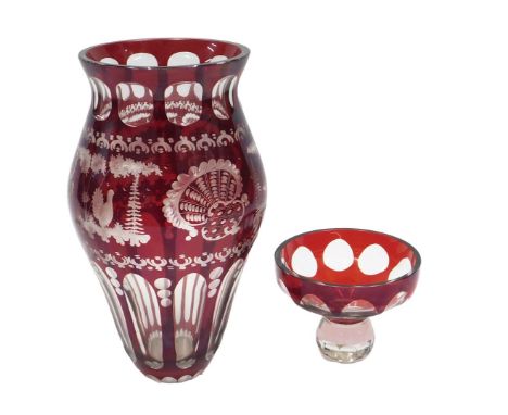 A Bohemian style ruby flash vase, decorated with deer, turkey, etc., 30cm high, and a similar bowl, 10cm high.