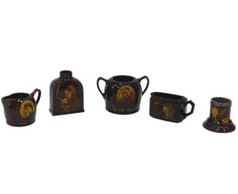 Five items of Royal Doulton kingsware, to include a spill or match holder with silver mount, decorated with a figure and a cl