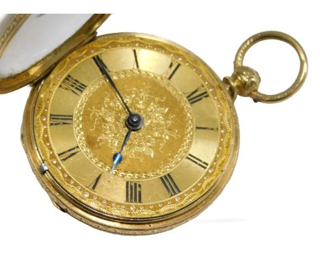 An 18ct gold lady's pocket watch, open face, key wind, circular dial with floral engraving, chapter ring bearing Roman numera