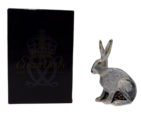 A Royal Crown Derby Collector's Guild paperweight Starlight Hare, gold button to underside, boxed.