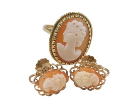 A 9ct gold and shell cameo ring, bust portrait and a lady, size L, together with a pair of 9ct gold and shell cameo earrings,