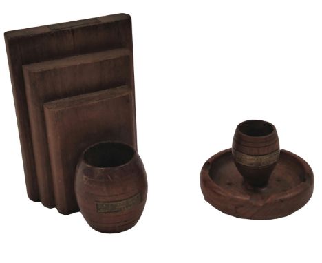 Two items made from salvaged ships timbers, a teak bookend, with plaque From the Teak from HMS Iron Duke Admiral Jellicoe Fla