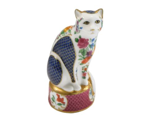 A Royal Worcester connoisseur collection Giles Cat candle snuffer, decorated with flowers, etc., on a scaled pink base, print