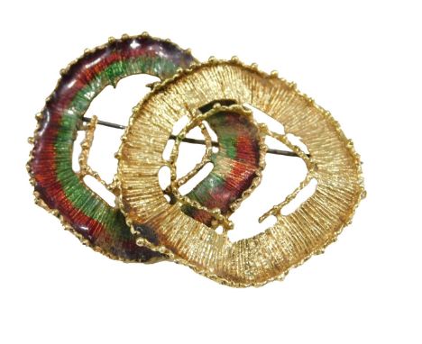 An enamel and yellow metal brooch, of double circular abstract form, unmarked, 10.8g.