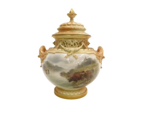 A Royal Worcester porcelain potpourri jar and cover, decorated with cattle watering by a river, signed John Stinton, the reve