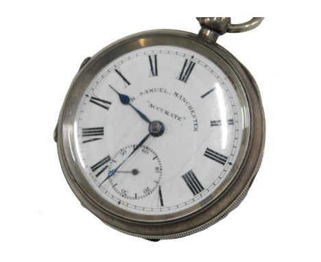 A George V silver cased gentleman's pocket watch, open face, key wind, the "accurate", H. Samuel, Manchester, circular enamel