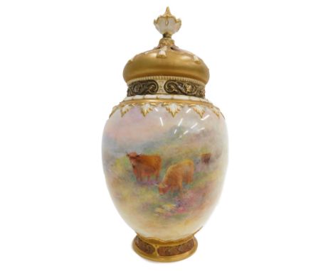 A Royal Worcester porcelain potpourri vase and cover, decorated with Highland cattle within a landscape, signed H Stinton, wi