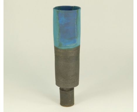 ROBIN WELCH A stoneware cylindrical pedestal vase. Impressed initials. Height 28cm.