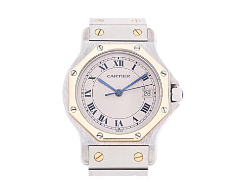 A CARTIER SANTOS LADIES GOLD AND STAINLESS STEEL WATCH Ref. 187902, No. 17888 Quartz movement, octagonal gold screw down beze
