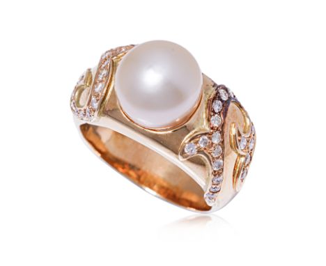 A CULTURED SOUTH SEA PEARL AND DIAMOND RING Featuring a cultured south sea pearl weighing approximately 9.60mm, mounted in an