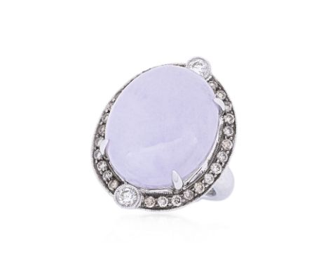 A LAVENDER JADE AND DIAMOND CLUSTER RING
Featuring a lavender jade cabochon weighing approximately 25.12 Cts (marked), accent