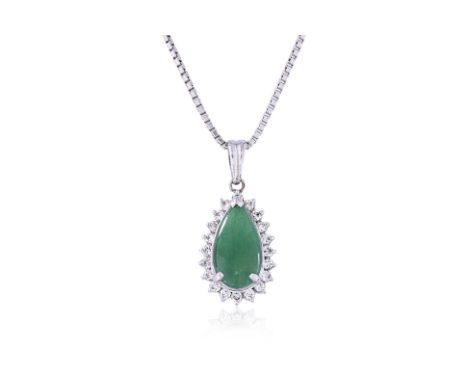 A JADE AND DIAMOND NECKLACE
Featuring a pear shaped jade cabochon, approximately 1.945cts (marked), within a surround of diam