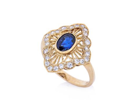 A SAPPHIRE AND DIAMOND RING
Featuring an oval blue sapphire, weighing approximately 0.21ct, within a pierced surround and a b