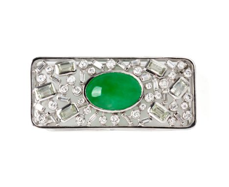 A JADE, WHITE SAPPHIRE AND DIAMOND PENDANT BROOCH
Featuring a jade cabochon measuring approximately 15.3 x 10.8 x 3.8mm, in w