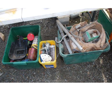 Three tubs containing paint brushes, clamps, welding mask, enamel vents, etc.