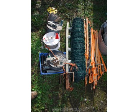 Sheep netting, stakes, electrical fencing, gate handles, etc.,