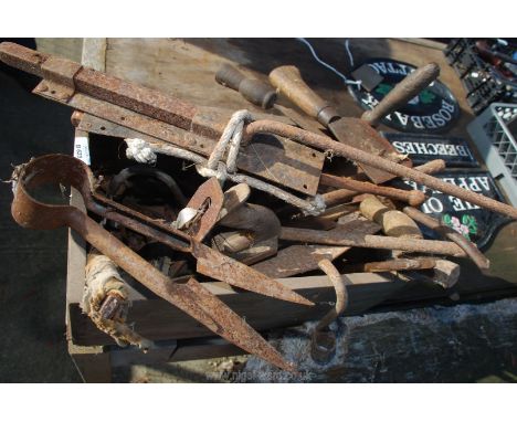 A plastic tub of door fixings, dagging shears, tools, etc.