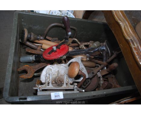 Quantity of tools, wood turning chisels, spanners, braces, rebating plane etc.