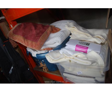 Two boxes of bed linen, cushion, duvet etc.