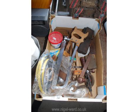 A box of tools,marking gauges, taps, saws, planes, scissors etc.