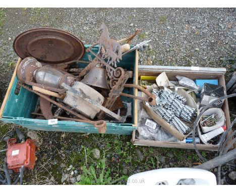 Two cases containing screws, old tools, old Tilley lamp, pony bell etc.