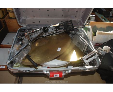 A suitcase and quantity of musical equipment including cymbals, pedals etc.