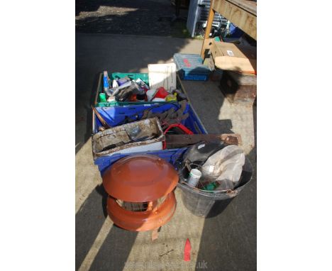 Two boxes and a bucket including; chimney cowl, old mixed tools, etc.
