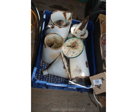 A quantity of enamel ware and a clock