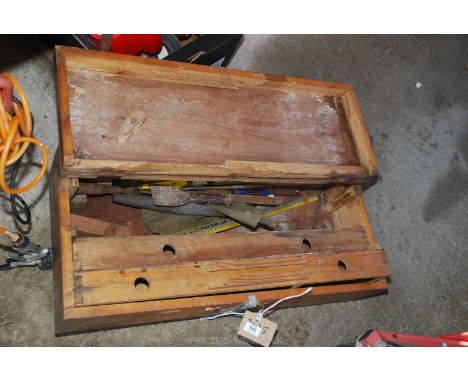 A wood toolbox, odd tools, bolster etc.
