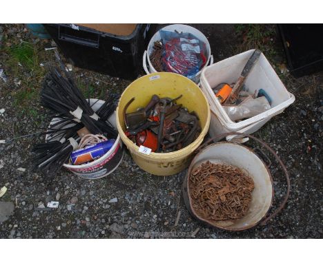 Nails, tub of assorted dropper pins, cable ties, enamel pot with chains. 