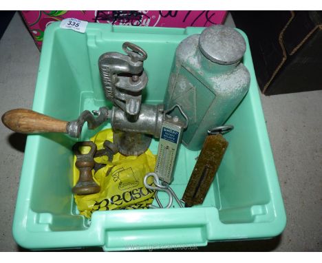 An aluminium military style flask, old mincer, Salter pocket balance scales and brass weights.