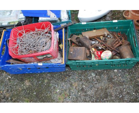 Two tubs of old tools, oil cans, wall ties, Toyota screw jack with handles.