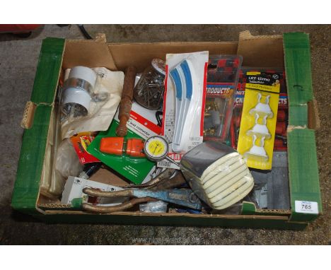 A box of odd tools, pop riveter, cable ties, Mercer tile gauge, ignition terminals etc.