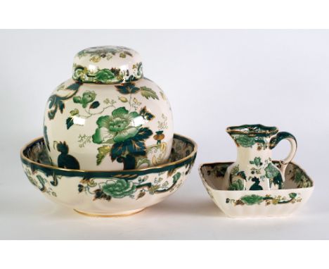 FOUR PIECES OF MODERN MASONS GREEN 'CHARTREUSE' POTTERY. Comprising; GINGER JAR AND COVER, 9" (22.9cm) high, FRUIT BOWL, 3 3/