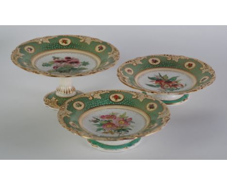 THREE PIECE  VICTORIAN HAND PAINTED CHINA DESSERT SERVICE, COMPRISING; TALL COMPORT, 4 1/2" (11.4cm) high, 9 1/2" (24.1cm) di