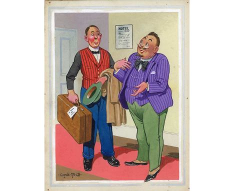 An original watercolour and gouache design by Donald McGill for the postcard 'If you want to wash your hands Mossoo, the gent