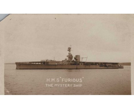 An album containing approximately 95 postcards of shipping interest, including photographic postcards titled ‘HMS Furious, Th