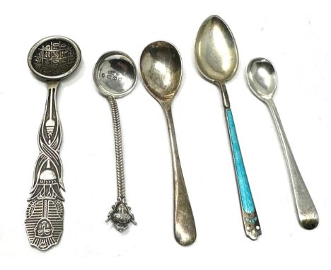 5 vintage silver spoons include salt /mustard enamel etc weight 38g 