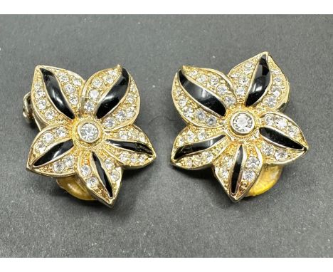 1980s Christian Dior Germany Gold Plated Black Enamel Diamanté Clip On Earrings 