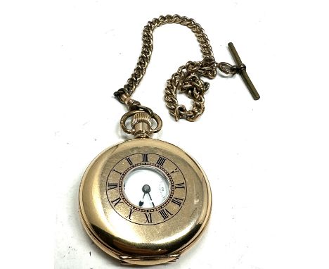 Antique gold plated half hunter waltham mass  pocket watch and watch chain the watch is ticking 